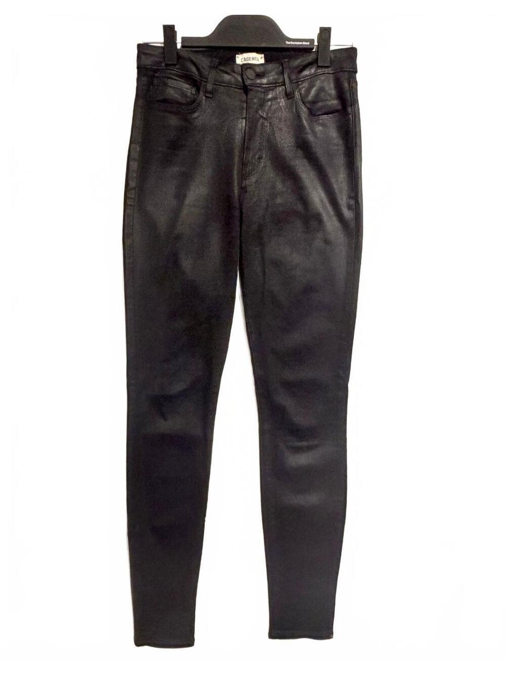 L'AGENCE Coated High Rise Skinny Jeans Black Waxed Leather Look Denim Size 28